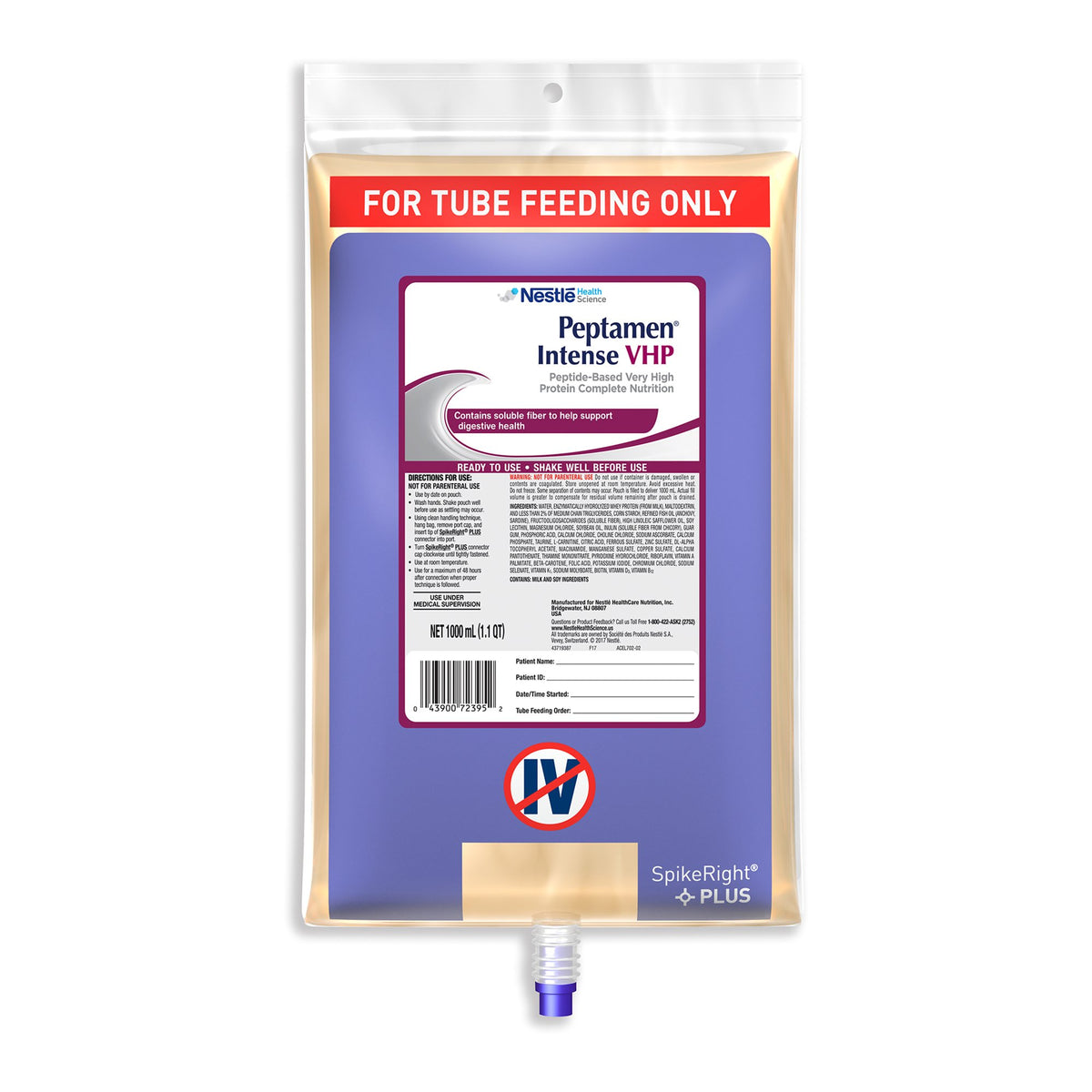 Peptamen® Intense VHP Ready to Hang Tube Feeding Formula, 33.8 oz. UltraPak® Bag