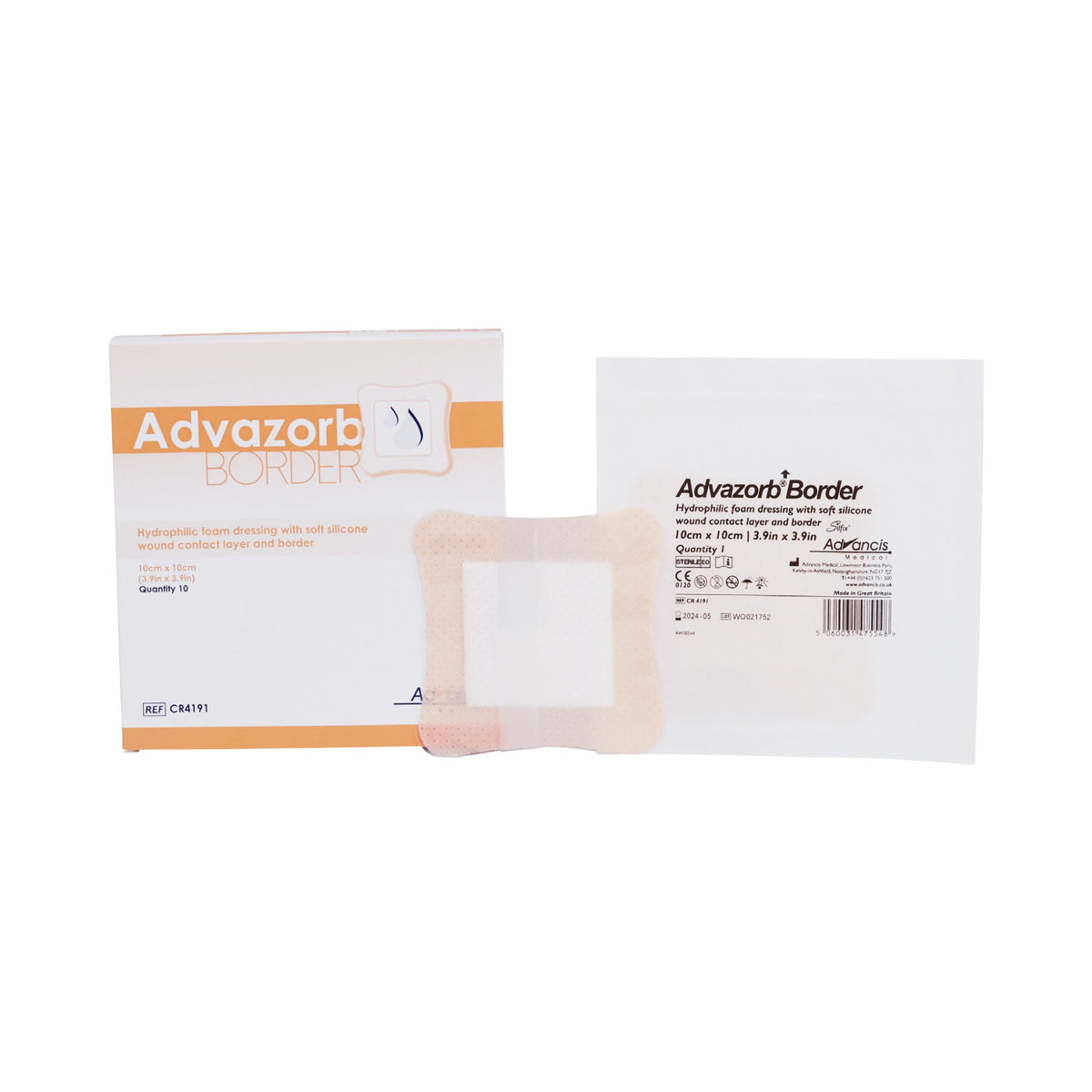 Advazorb Border® Silicone Adhesive with Border Silicone Foam Dressing, 4 x 4 Inch
