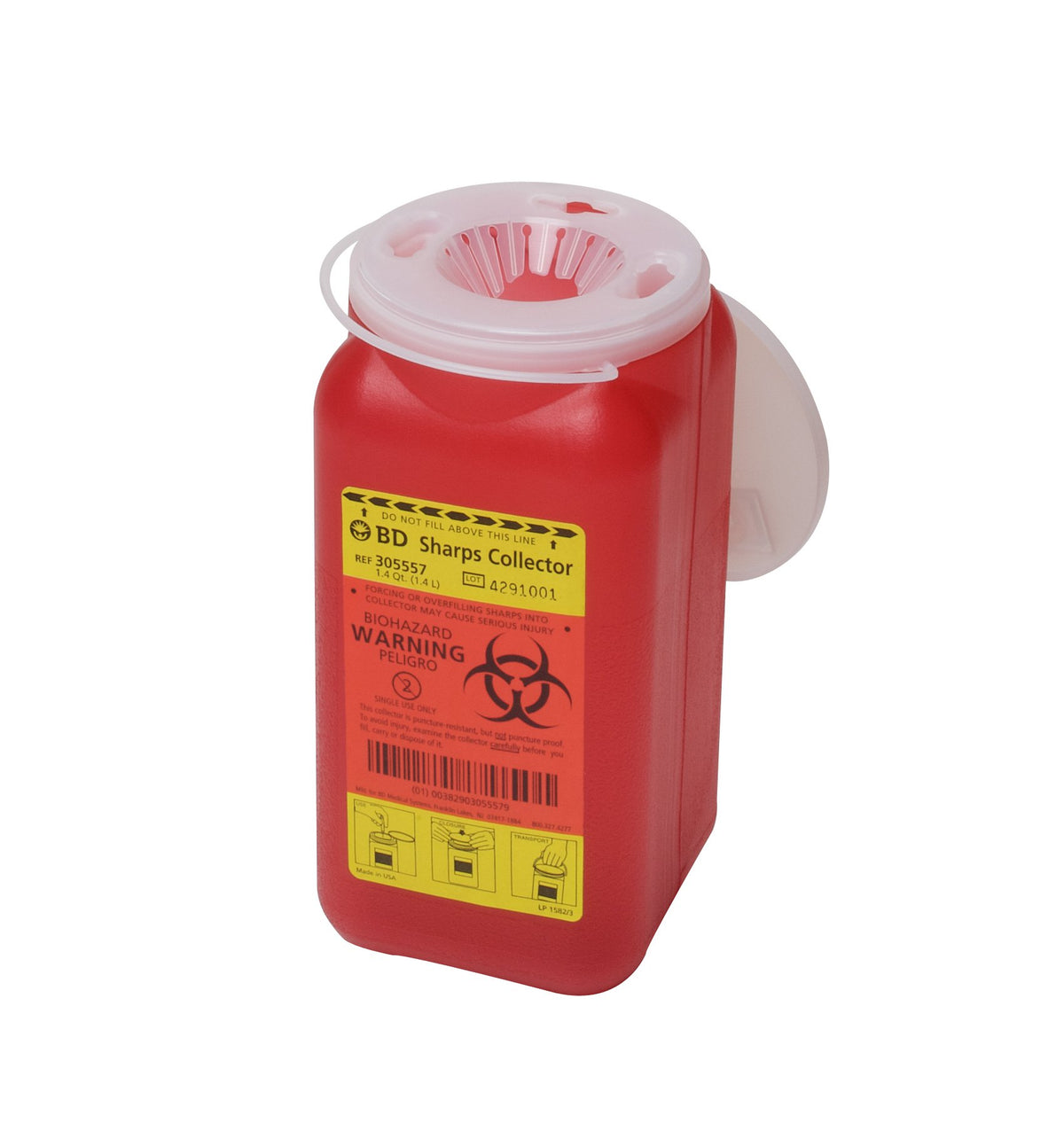 BD Red Sharps Container, 1.4 Quart, 7Â¾ x 3Â¾ x 3Â¾ Inch