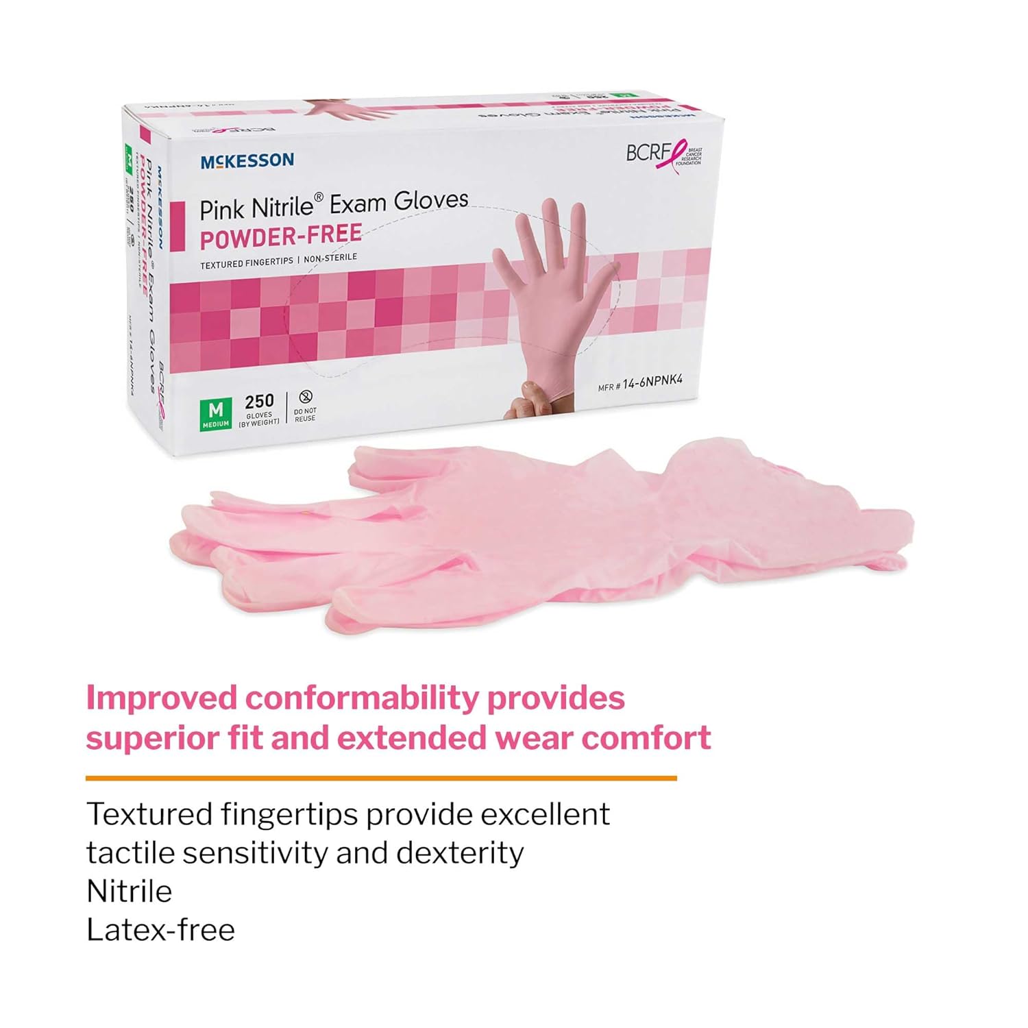 McKesson Pink Nitrile Exam Gloves - Powder-Free, Latex-Free, Ambidextrous, Textured Fingertips, Non-Sterile - Size Small, 250 Count, 1 Box