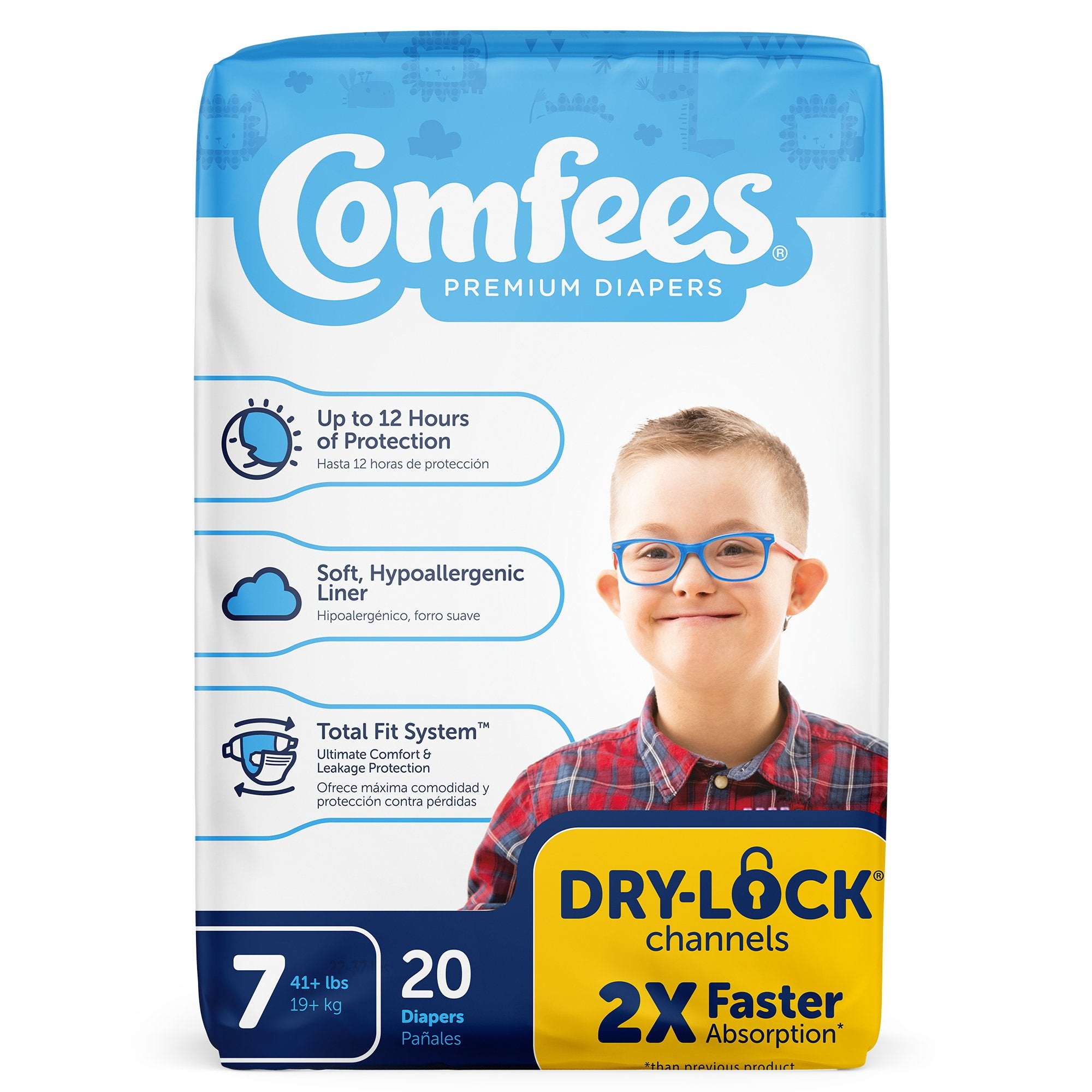 Comfees Premium Baby Diapers, Moderate-Absorbent, Tab Closure, Kid Design, Size 7