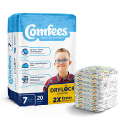 Comfees Premium Baby Diapers, Moderate-Absorbent, Tab Closure, Kid Design, Size 7