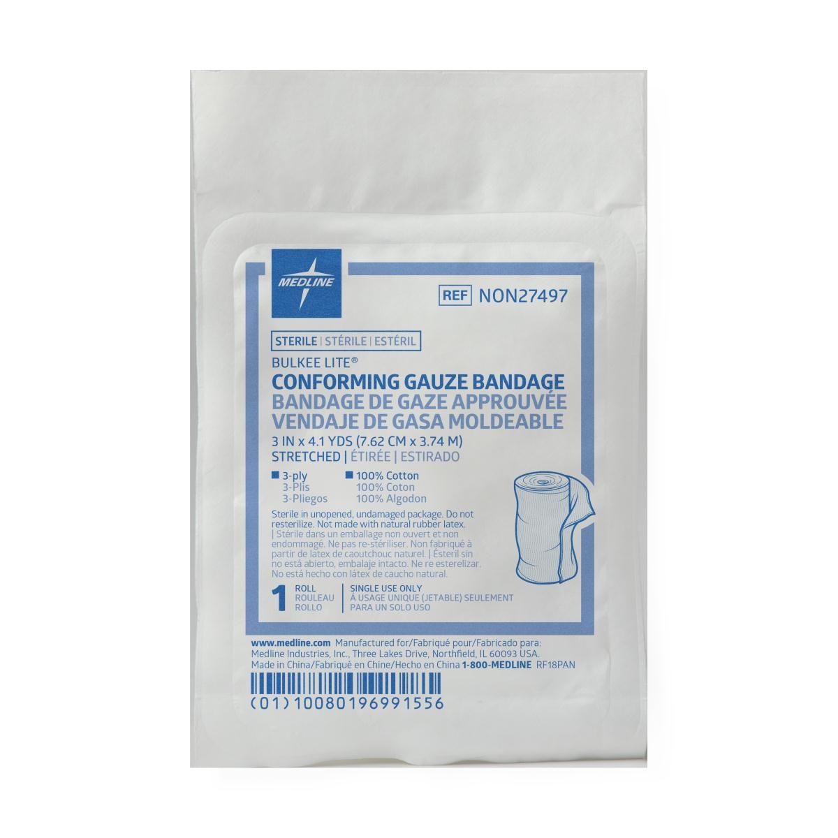 Medline Bulkee Lite Conforming Gauze Bandage, Sterile, 4" x 4.1 yd Stretched, 96 Count